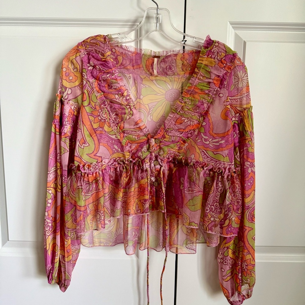 Free People Pink Cropped Blouse Long Sleeve XS